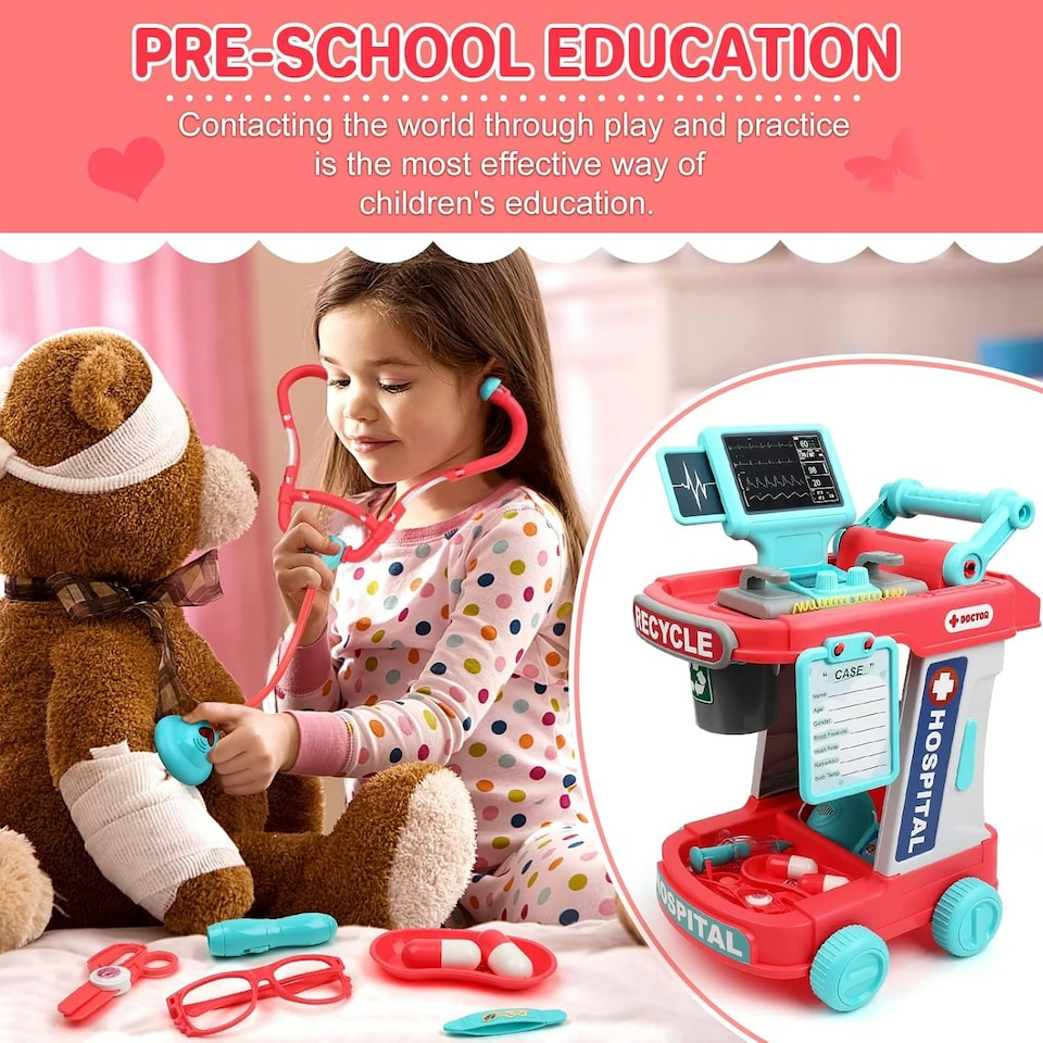 image 1 of Doctor Kit for Kids – 20-Piece Educational Medical Station Trolley Playset with Sounds & Accessories (Coral)