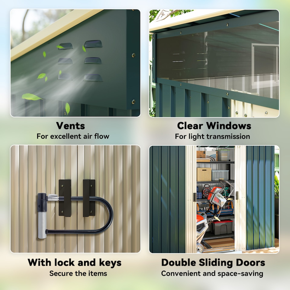 image 1 of Outsunny 6.5 x 4FT Galvanised Metal Garden Shed with Double Sliding Doors and 2 Vents, Lockable Tool Storage House with Foundation Kit, Green