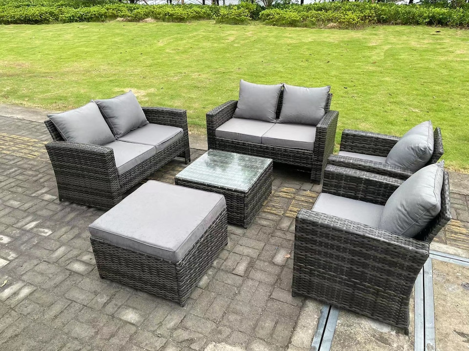 image 1 of Fimous 7 Seater Dark Grey Mixed High Back Rattan Sofa Set Square Coffee Table Garden Furniture 2 Seater Sofa Chairs Outdoor Patio