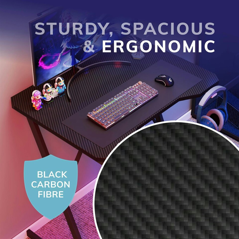 image 1 of House of Home Gaming Desk Carbon Fibre Top Black 80cm Black
