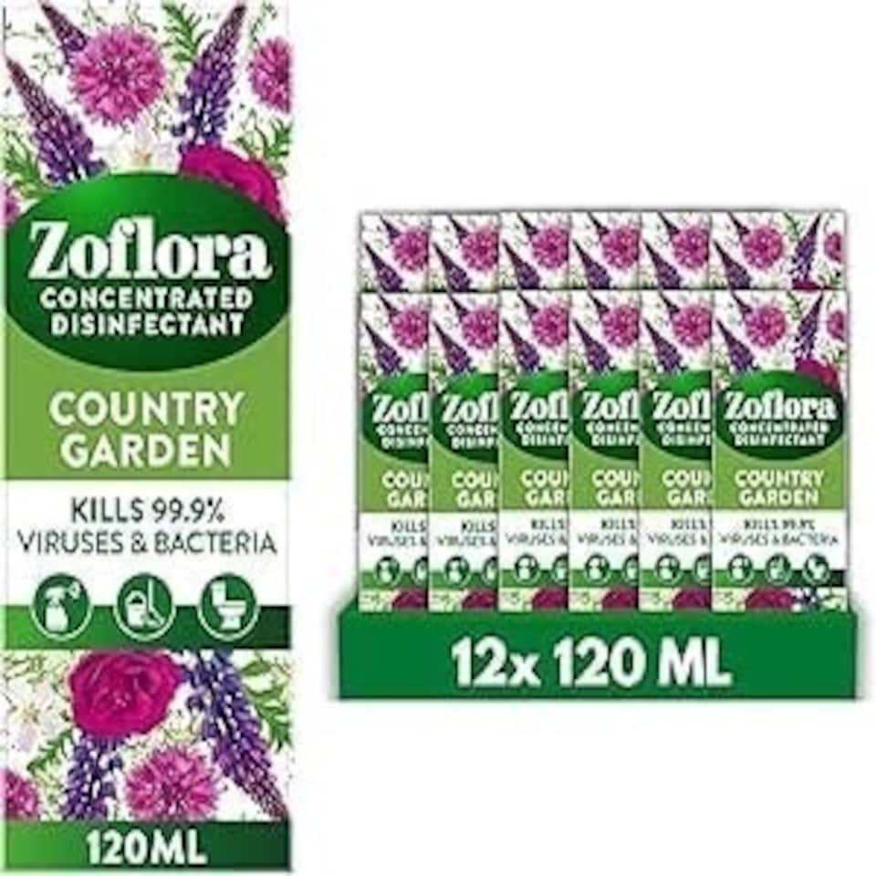 Zoflora Country Garden Concentrated Disinfectant Liquid,Pack of 12 x 120ml, Antibacterial & Multi-Surface Cleaner, Eliminates 99.9% of Germs & Odors