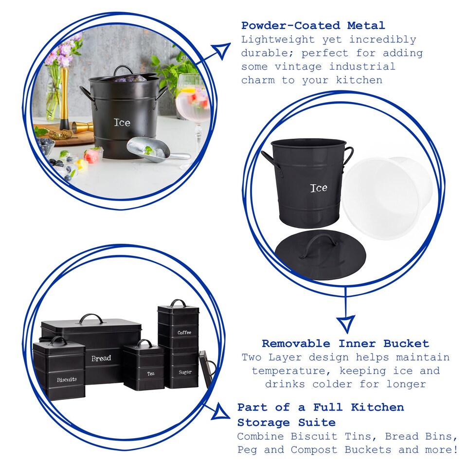 image 1 of Harbour Housewares Vintage Metal Ice Bucket with Scoop - Black