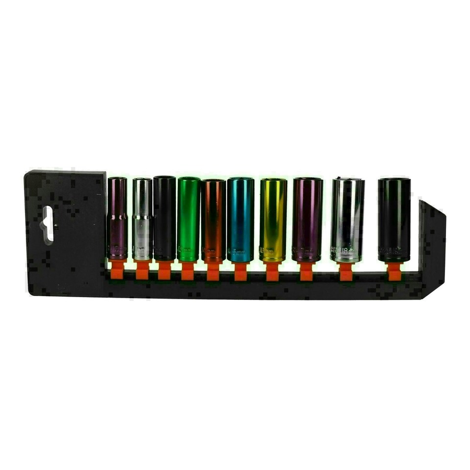 image 1 of 20pc Coloured 3/8" Dr Shallow & Deep Sockets 6 Point Hex Metric 10 - 19mm Rails