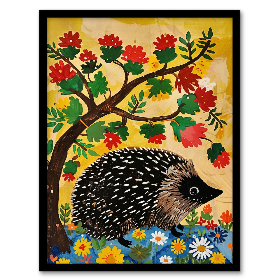 image 1 of Charming Hedgehog Under Tree Flowers Folk Art Kids Black Framed Wall Art Print A4