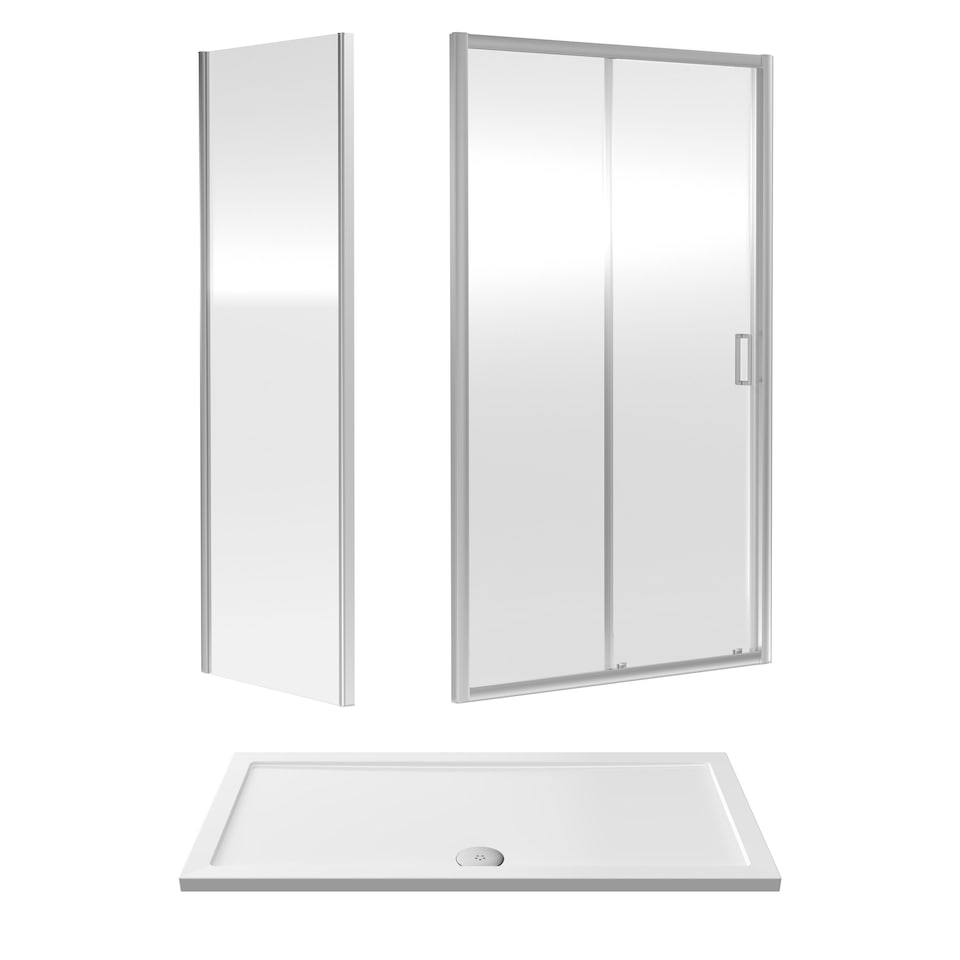 image 1 of Balterley Sliding Shower Suite with 6mm Safety Glass Door, Side Panel & 1400 x 700mm Shower Tray in Chrome Frame | Silver | Chrome | 3