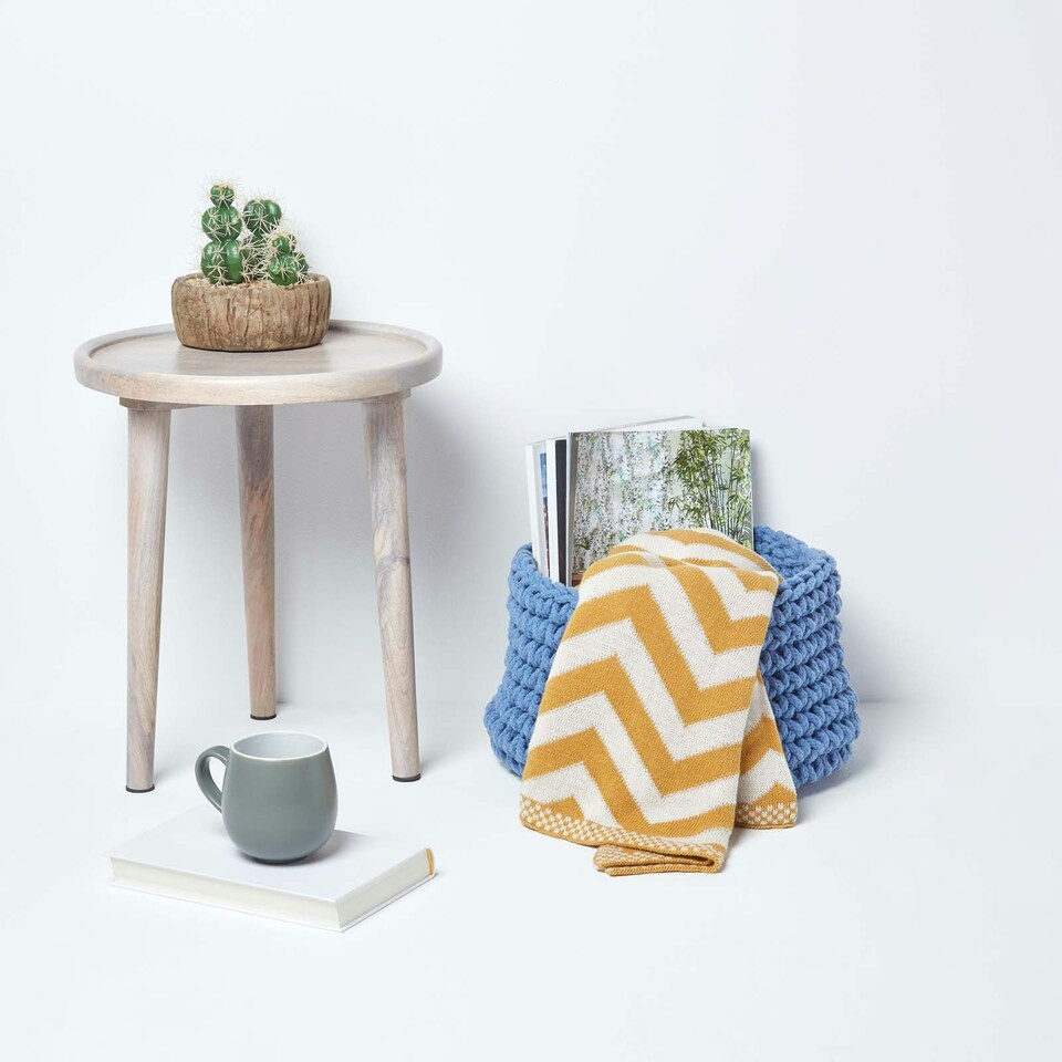 image 1 of Homescapes Blue Cotton Knitted Round Storage Basket - 37 x 21cm | Blue | M