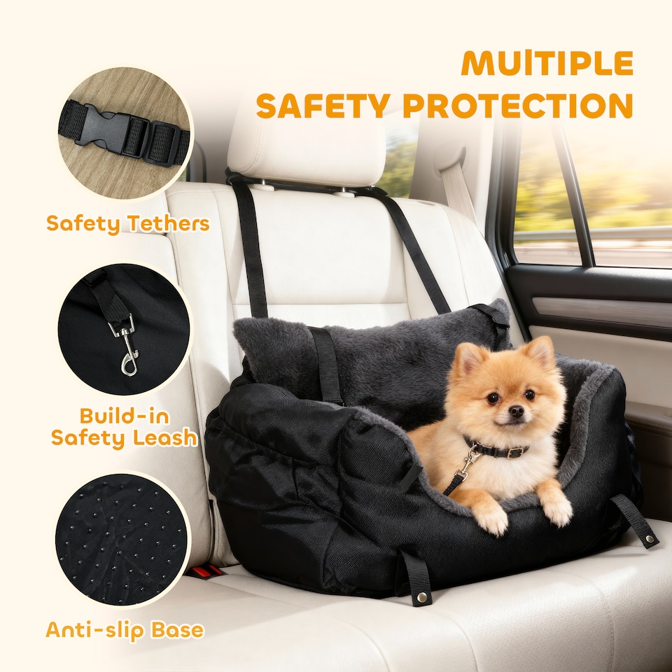 image 1 of PawHut Dog Car Seat for Small Dogs, Dog Booster Car Seat with Fixed Buckle, Safety Leash, Washable Cover, Thickened Small Pets Travel Carrier Bed, 58 x 45 x 28 cm, Black