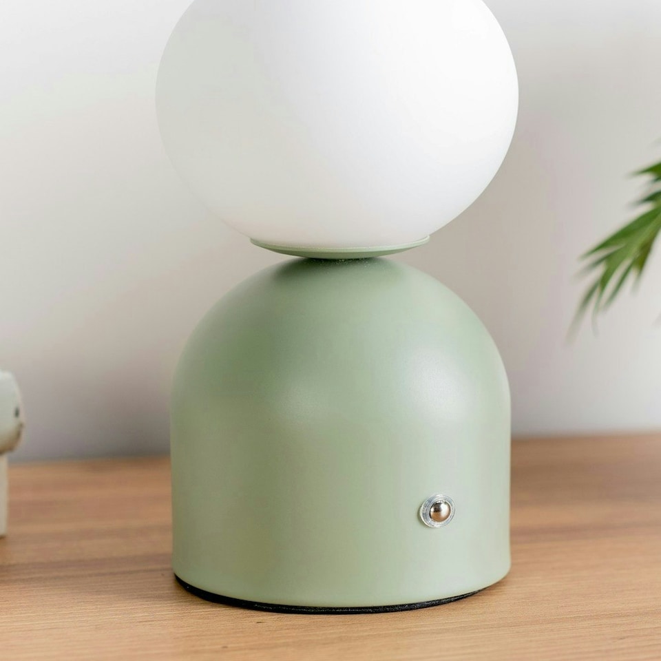 image 1 of ValueLights Marlow Dimmable Painted Green Table Lamp with White Globe Shade and Integrated LED 2W White Mix 3000K Bulb | Green