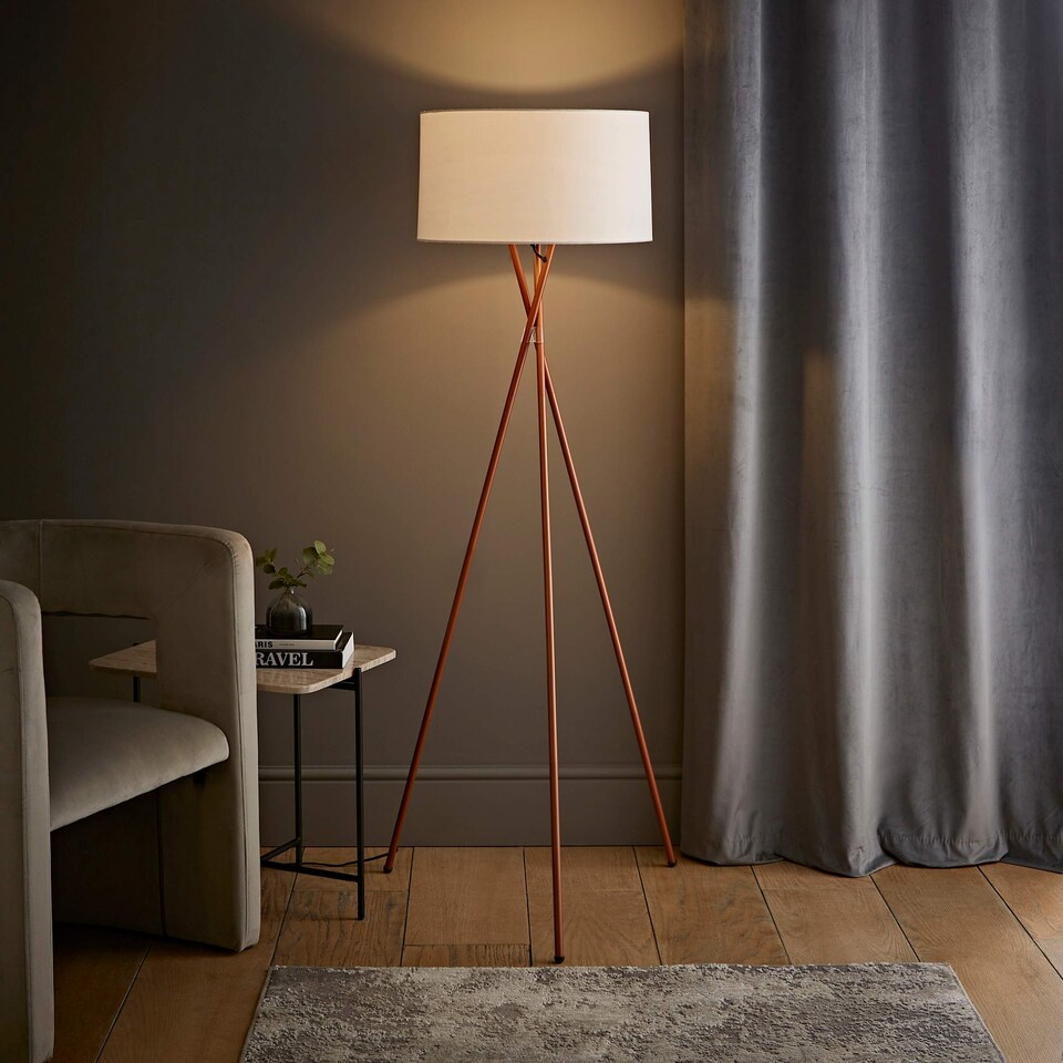 image 1 of ValueLights Camden Copper Tripod Floor Lamp with White Shade | White