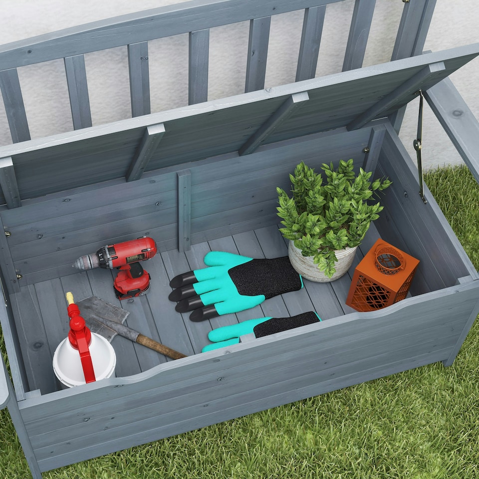 image 1 of Outsunny Garden Storage Bench, 2 Seater Fir Wood Outdoor Bench, Dark Grey