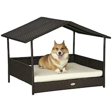 PawHut Wicker Dog House, Rattan Pet Bed with Soft Cushion, Cat Basket - Cream