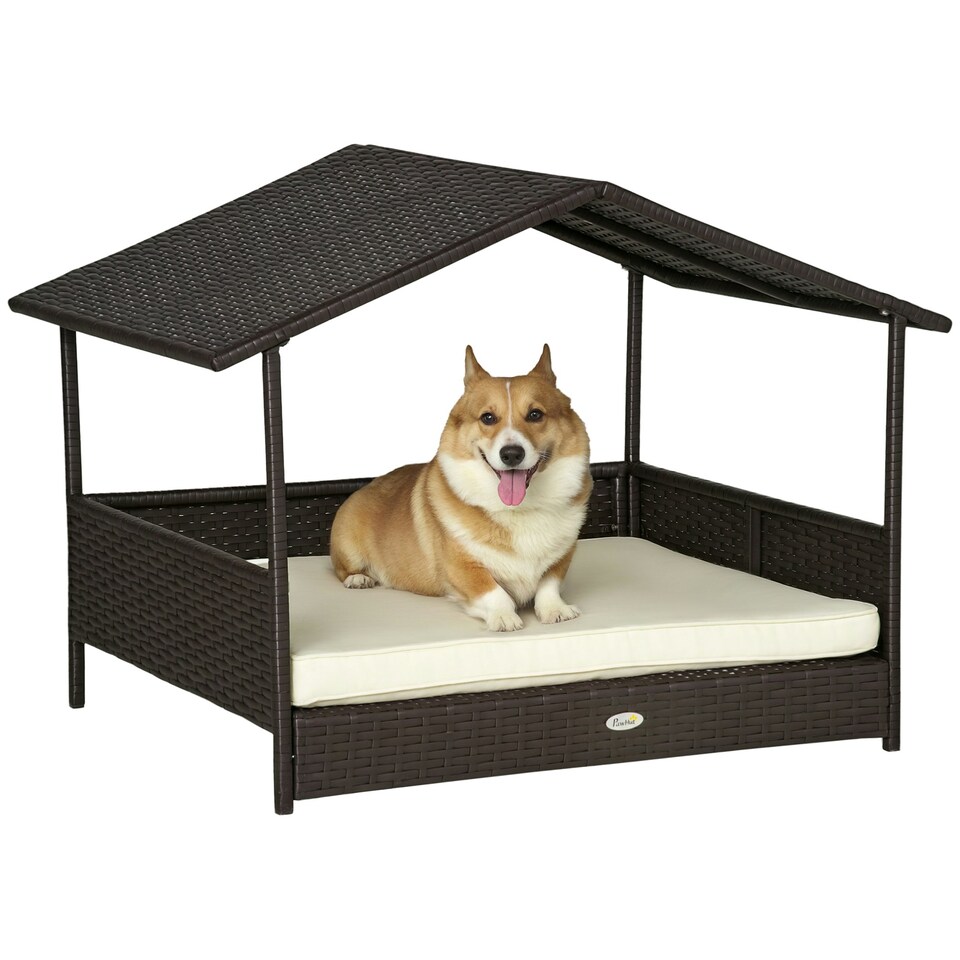 image 1 of PawHut Wicker Dog House, Rattan Pet Bed with Soft Cushion, Cat Basket - Cream