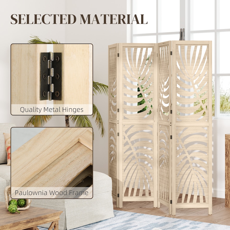 image 1 of HOMCOM 4 Panel Privacy Screens with Palm Leaf Design, Natural Wood Finish