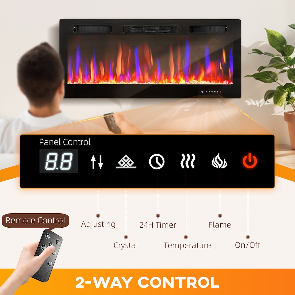 image 1 of HOMCOM 107cm/42" Electric Fireplace, Ultra-Slim Wall Mounted and Recessed Electric Fire Heater with Adjustable Flame and Thermostat, Eco Mode, Auto Switch, Weekly and 24H Timer, Remote, 900W/1800W