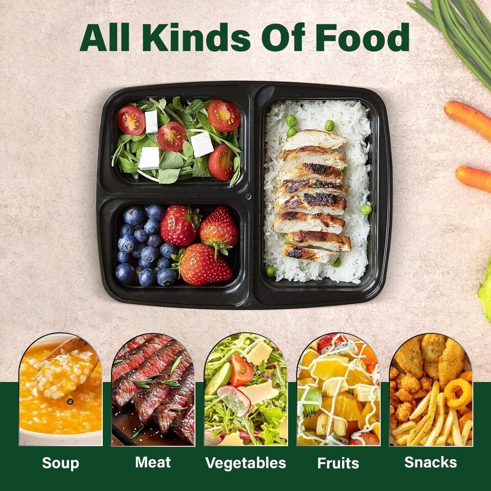 image 1 of 34oz Black 3 Compartment Meal Prep Containers With Lid Plastic Microwave Safe Food Storage Box 50pc
