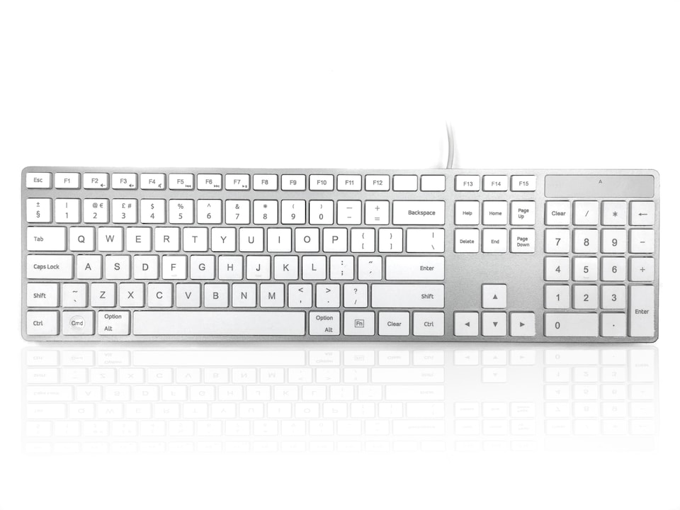 image 1 of Accuratus 301 MAC Keyboard - USB Wired Full Size Apple Mac Multimedia Keyboard with White Square Tactile Keys and Silver Case - White