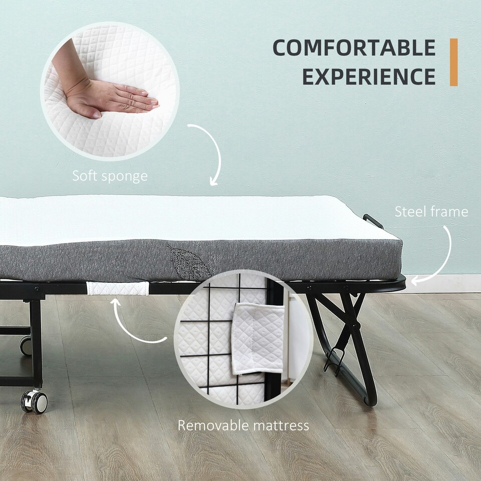 image 1 of HOMCOM Folding Bed with 10cm Mattress, Portable Foldable Guest Bed with Wheels