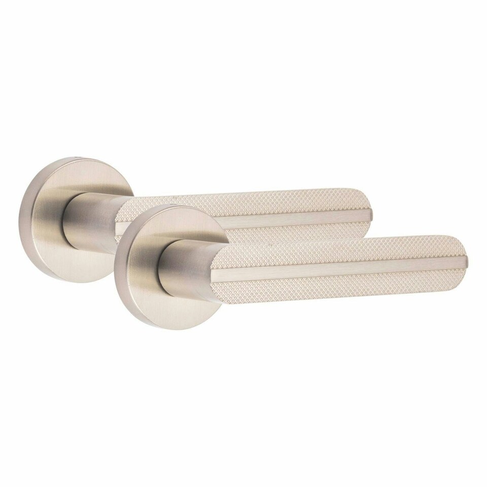 image 1 of Golden Grace Modern Lima Knurled Euro Lock Door Handles in Satin Nickel Finish with 70mm Key and Thumbturn Barrell Grey