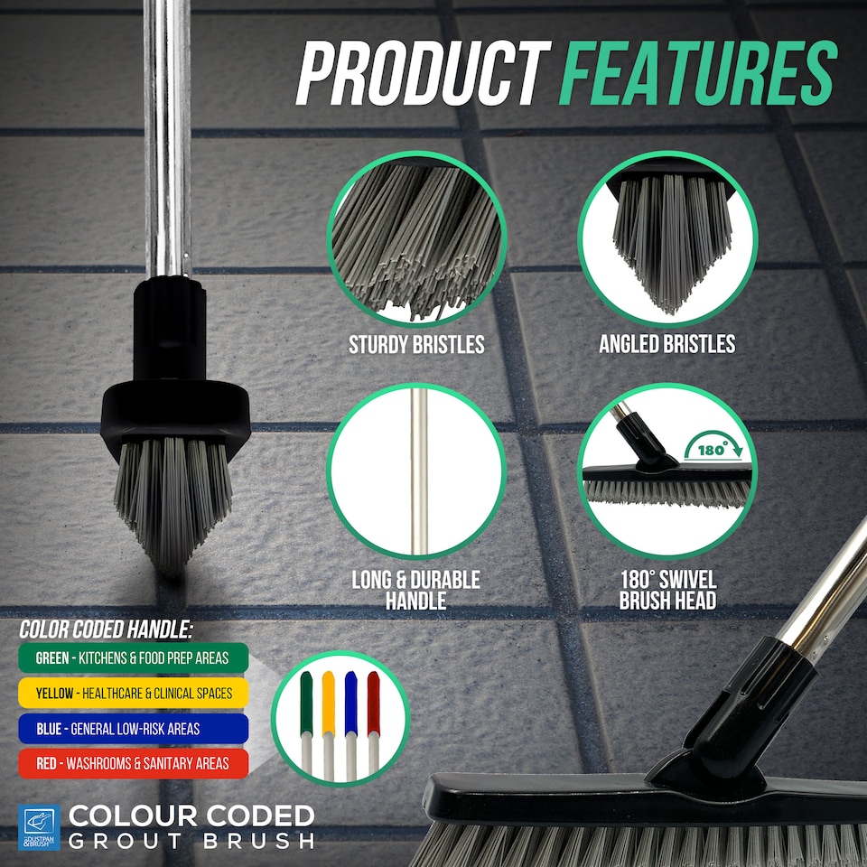 image 1 of Colour-Coded Angled Grout Brush with Handle 180° Swivel Tile & Corner Scrubber