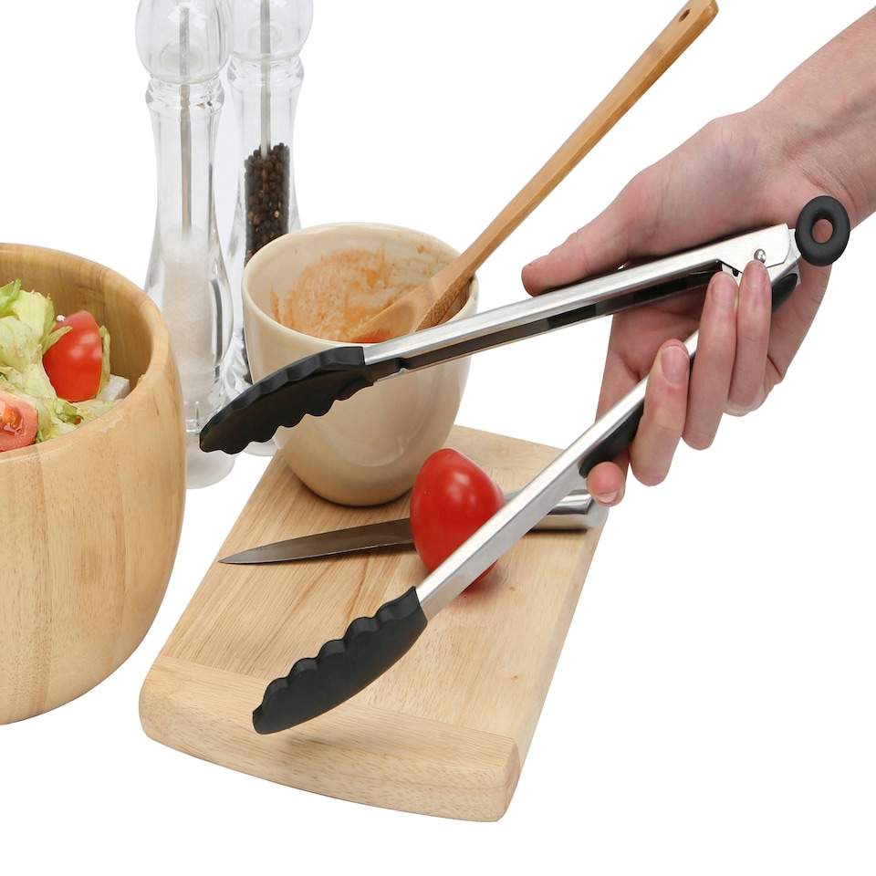 image 1 of Interiors by Premier Black Silicone and Stainless Steel Tongs, Heat-Resistant Grip for Safe Cooking, Non-Stick Friendly Design