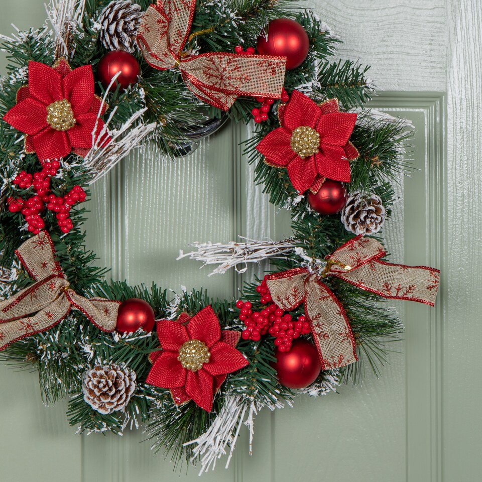 image 1 of Premier 40cm Christmas Red Dressed Festive Wreath With Baubles Bows And Pinecones