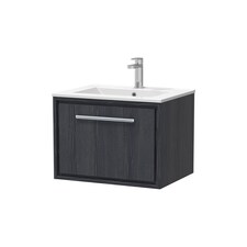 Balterley Longnor 1 Drawer Wall Hung Vanity Unit with 1 Tap Hole Minimalist Basin, Woodgrain Graphite Grey, 600mm