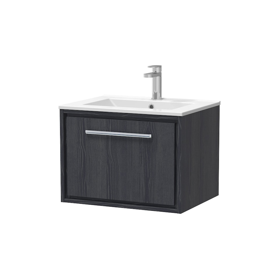 image 1 of Balterley Longnor 1 Drawer Wall Hung Vanity Unit with 1 Tap Hole Minimalist Basin, Woodgrain Graphite Grey, 600mm