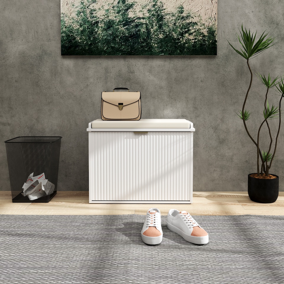 image 1 of HOMCOM Shoe Bench with Padded Seat Cushion and Flip-Drawer, Shoe Cabinet Holds up to 120kg for Hallway, Entryway and Porch, 62x26x47.5cm, White | White | White