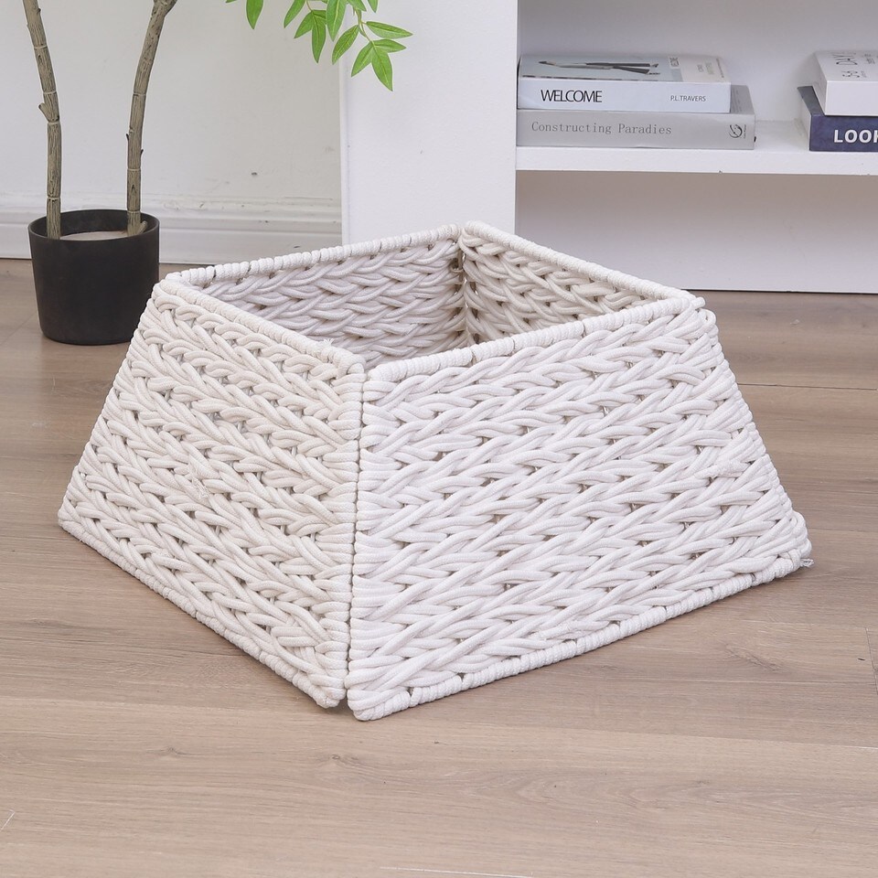 image 1 of 47cm Square Christmas Tree Skirt Stand Decorative Base Festive Xmas PVC Rope | Multi | White Rope | 1