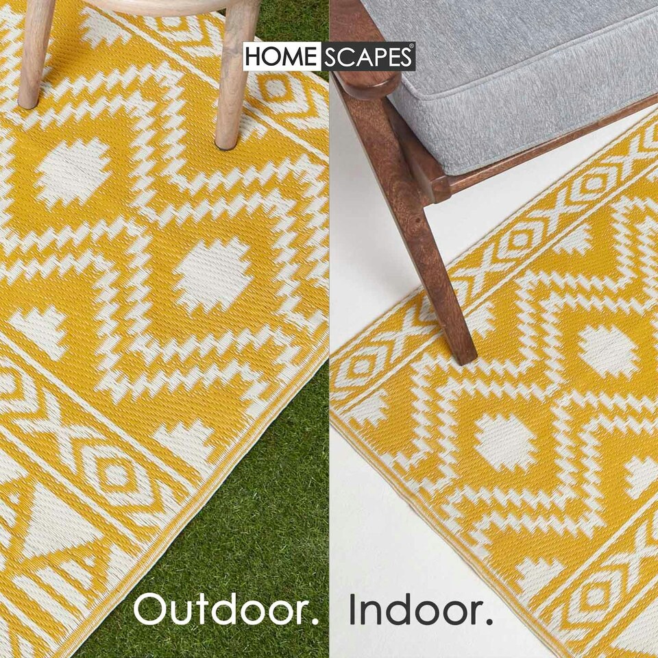 image 1 of Homescapes Outdoor Rug Luxury Waterproof Reversible Recycled, For Garden, Anna Aztec Yellow | 180 x 270 cm