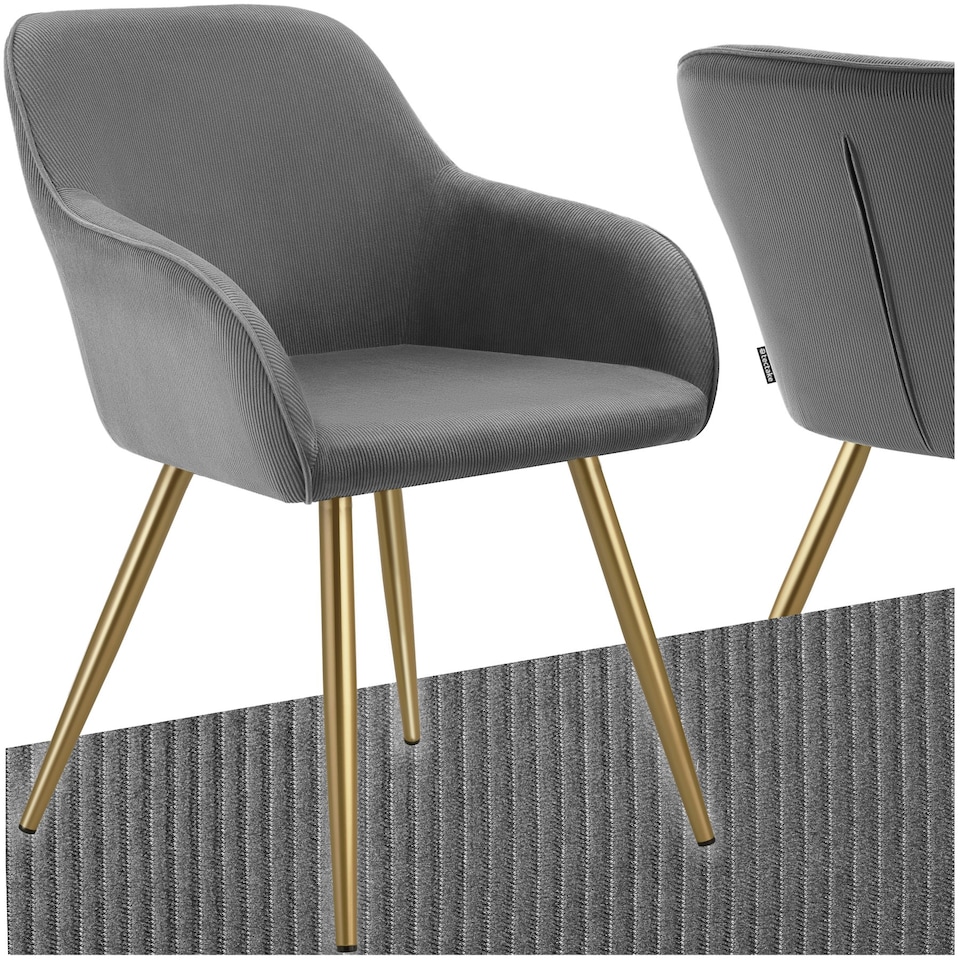 image 1 of Dining Chair Marilyn - corduroy look, upholstered, armchair, continuous backrest - per piece Grey | Grey/Gold