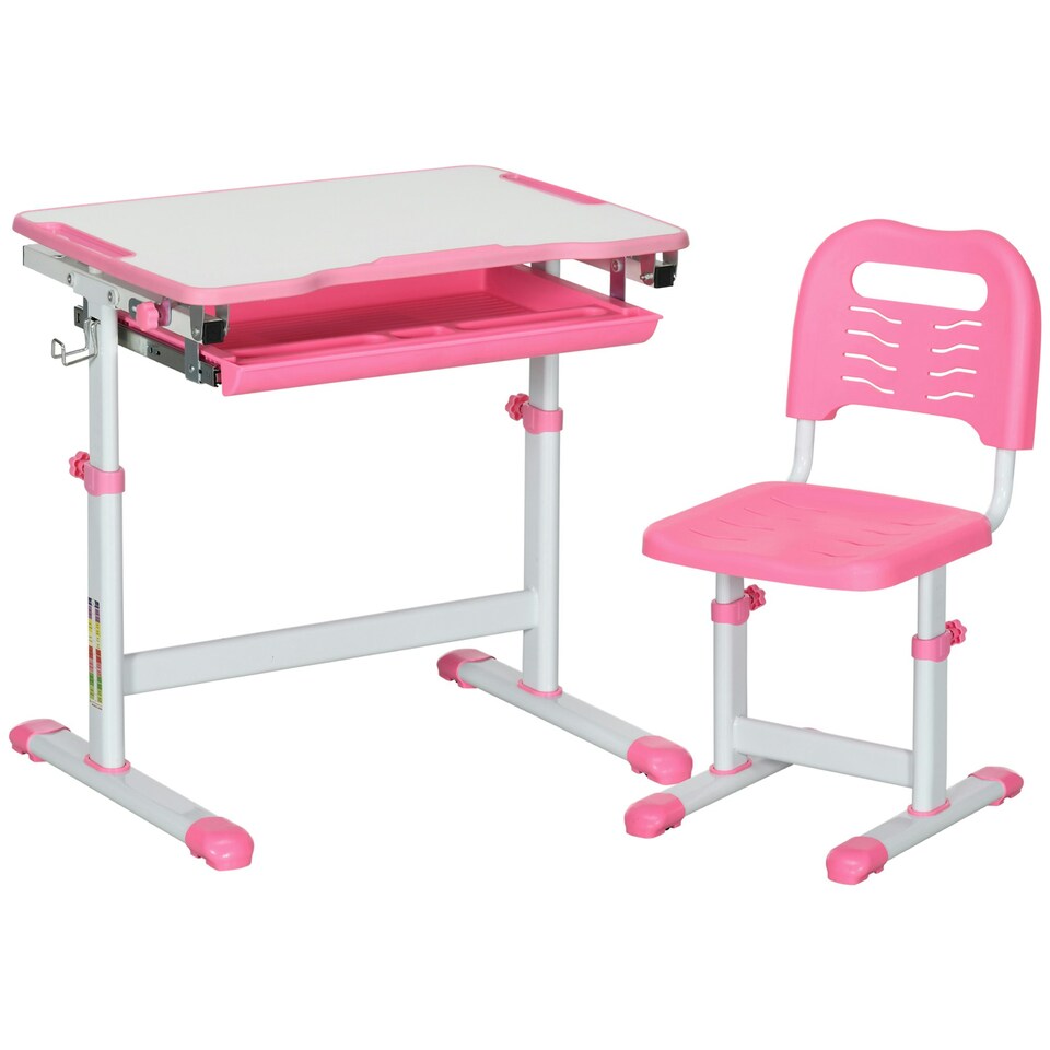 image 1 of HOMCOM Kids Desk and Chair Set w/ Drawer, Pen Slot Hook - Pink Grey