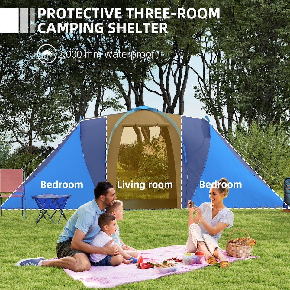 image 1 of Outsunny 4-6 Man Camping Tent with 2 Bedroom and Living Area