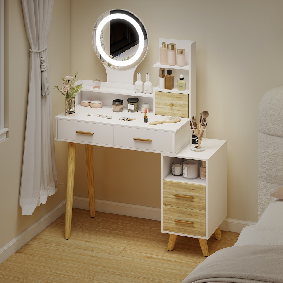 image 1 of HOMCOM Dressing Table with Mirror, Vanity Table with Adjustable LED Lights, Makeup Desk with 5 Drawers and 5 Shelves, White