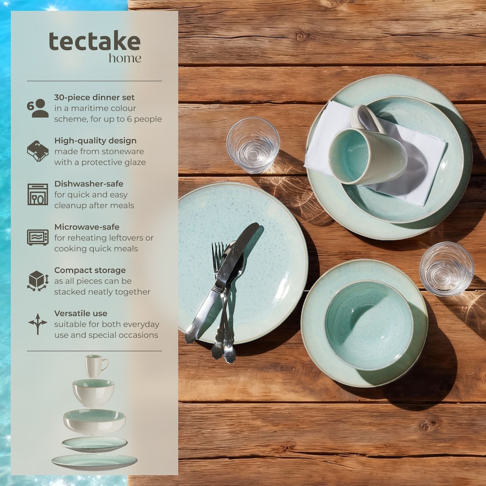 image 1 of Dinner Set Mare in Glazed Stoneware for 6 People, Microwave- and Dishwasher-Safe | Green | mint | 1