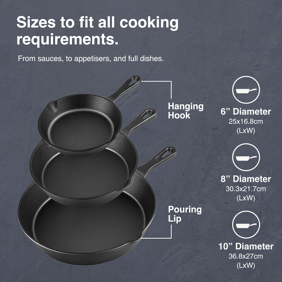 image 1 of VonShef 3Pc Cast Iron Skillet Pan Set - 6", 8", 10"