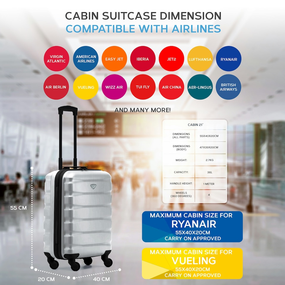 image 1 of 55x40x20cm Ryanair (Priority) TUI, Carry on Cabin Suitcase Hard Shell Approved for 60+ Airlines Silver | Aluminium | Cabin Bag