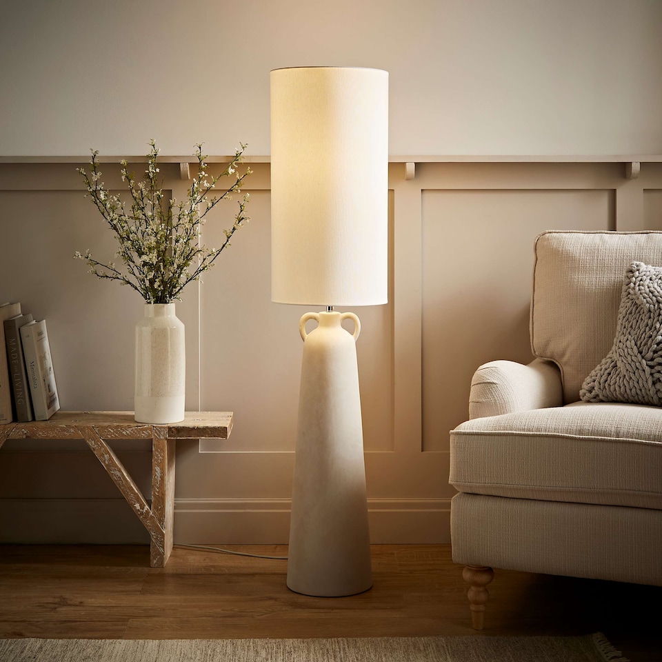 image 1 of ValueLights Grayson Natural Cement Effect Ceramic Midi Floor Lamp with Cylinder Shade | Grey