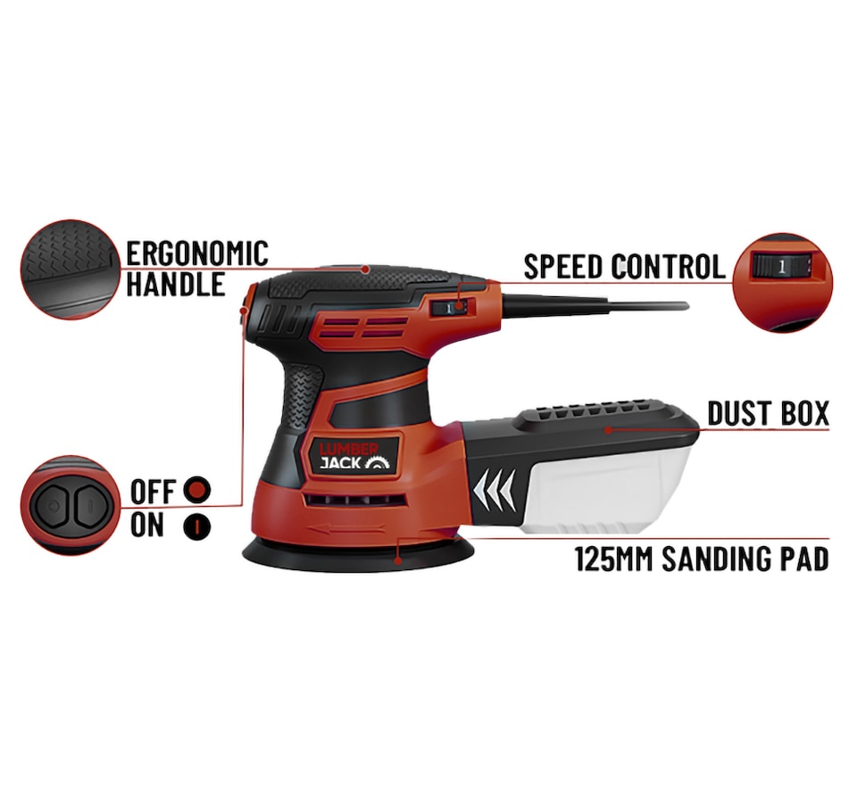 image 1 of Lumberjack Random Orbital Sander 350W 125mm Includes Dust Box & Sanding Pads Red