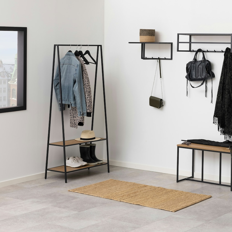 image 1 of Seaford Black Metal Clothes Rack with 2 Oak Shelves