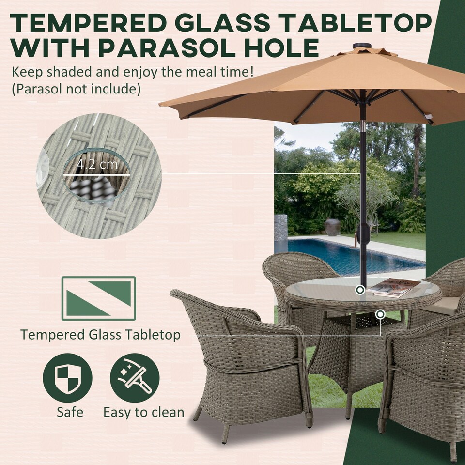image 1 of Outsunny Rattan Dining Set for 4 with Cushions and Umbrella Hole, Mixed Grey