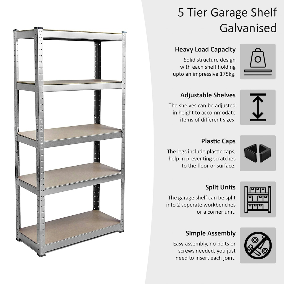 image 1 of Home Vida 5 Tier Garage Shelf Heavy Duty Boltless Shelving Storage Unit, Large, Galvanised
