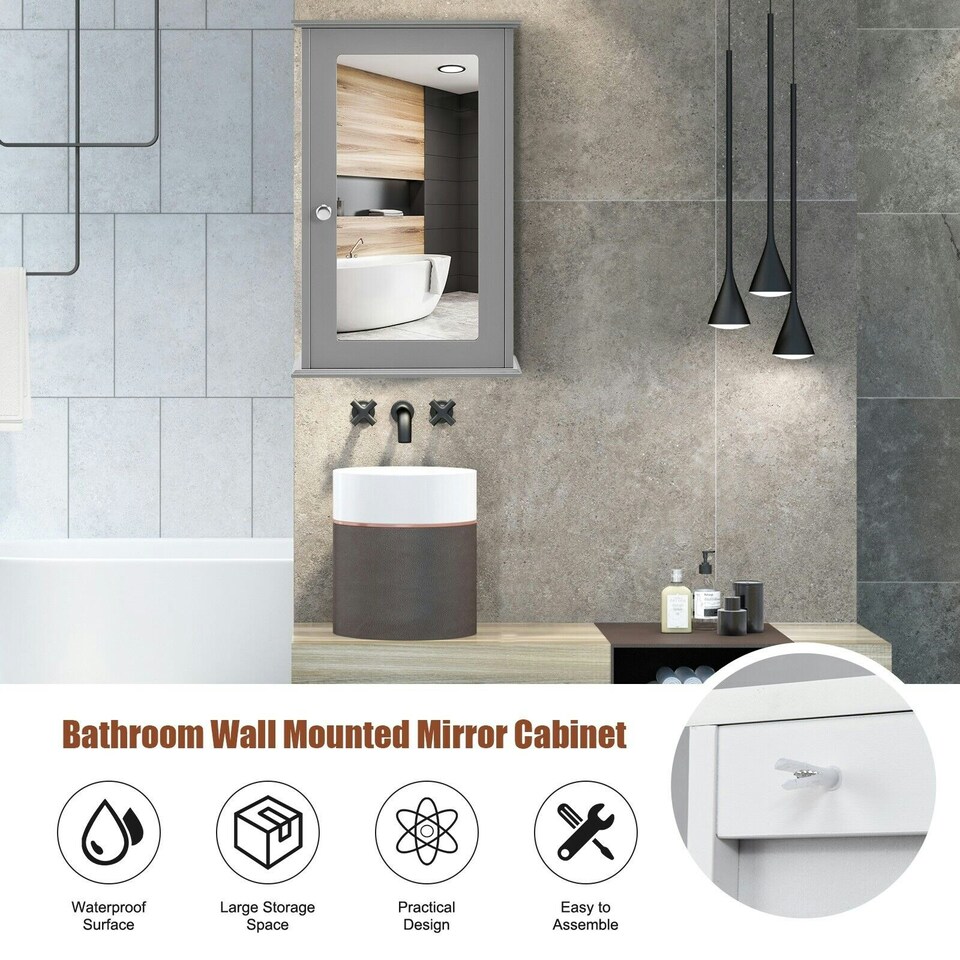 image 1 of COSTWAY Bathroom Mirror Cabinet Wall Mounted Storage Grey Grey