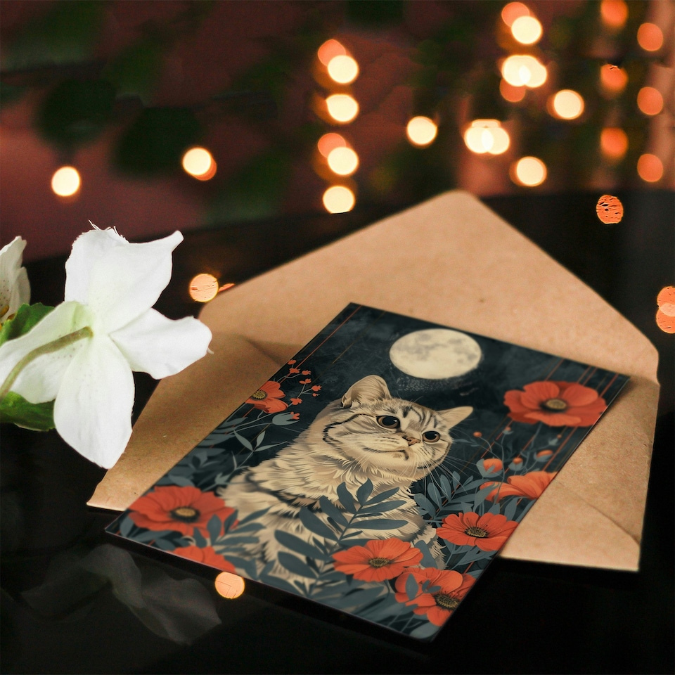 image 1 of Scottish Fold Cat Lover Full Moon Poppy Field Her Birthday Card