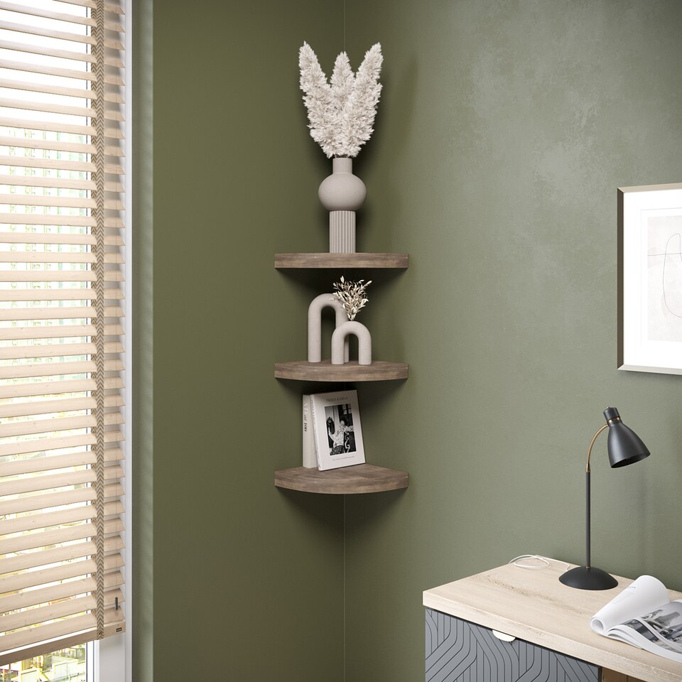 image 1 of Wooden Wall Mounted Floating Corner Shelf | Brown | 1