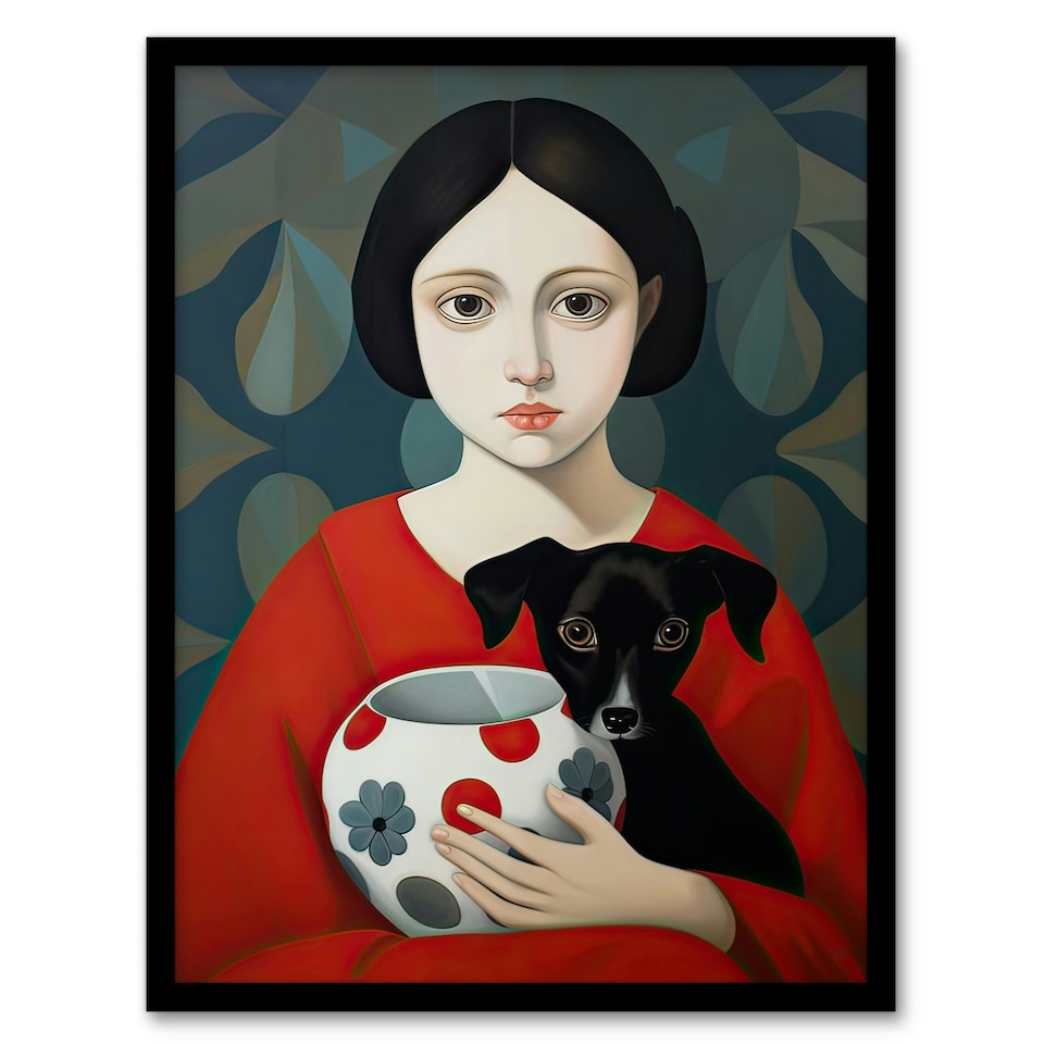 image 1 of Few My Favourite Things Girl Puppy Vase Black Framed Wall Art Print A4