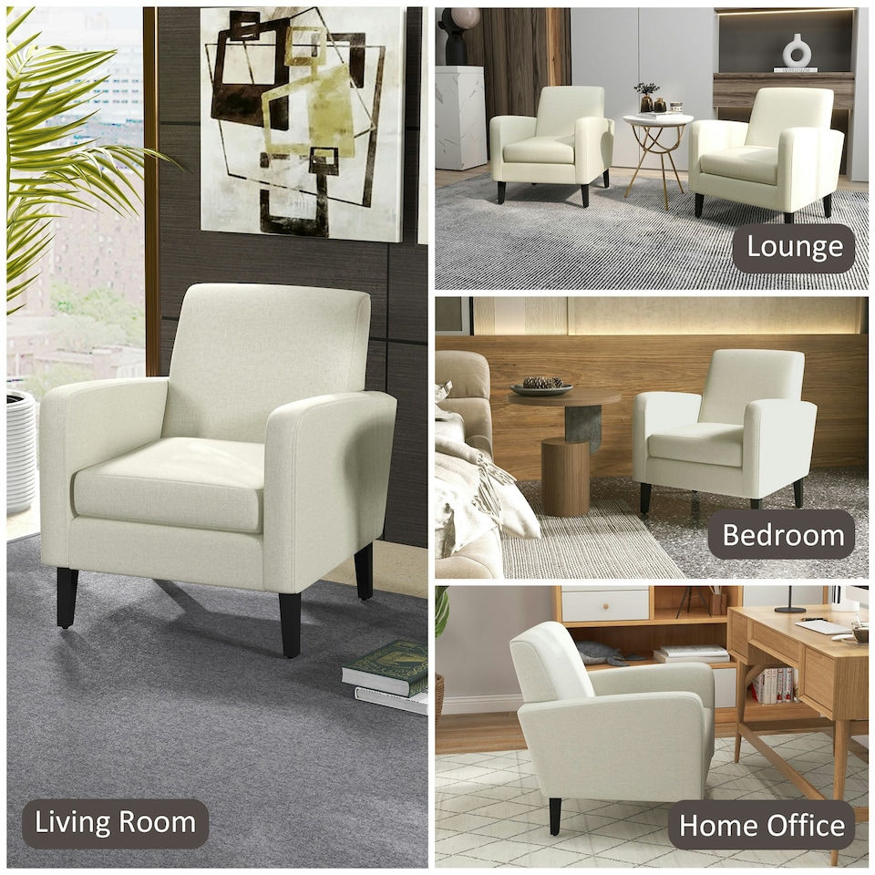 image 1 of HOMCOM Modern Armchair Accent Chair with Rubber Wood Leg for Bedroom Cream White