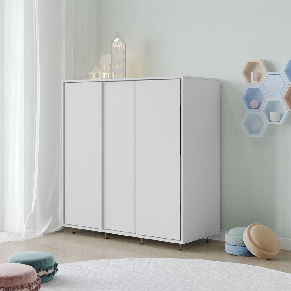 image 1 of 120cm 3 Sliding Doors Children Kids Wardrobe Bedroom Storage Closet Hanging Rail | White | White | 1