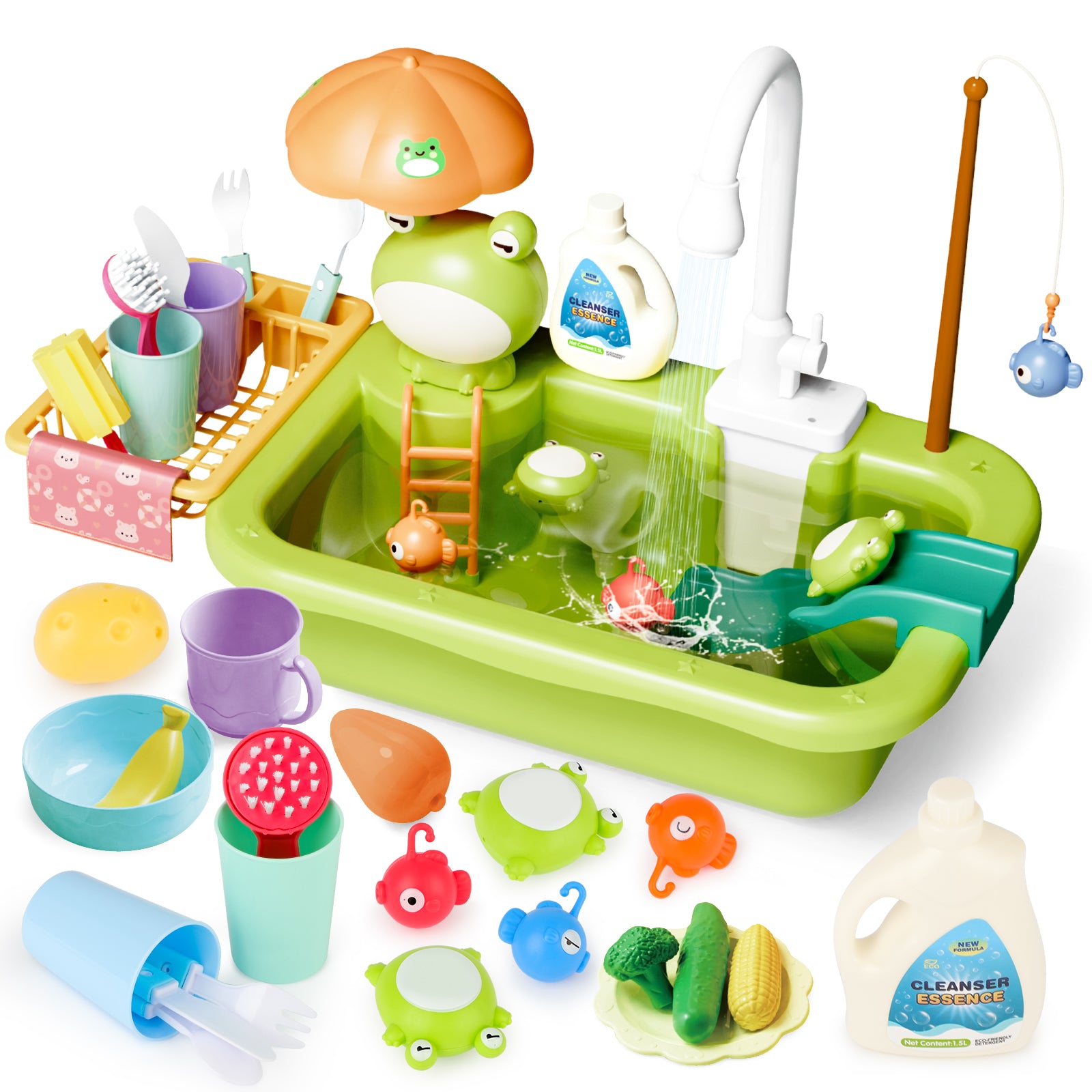 Kids Kitchen Sink Playset - Frog & Duck Theme with Working Water Faucet, Dishwashing Accessories & Pretend Play Kitchen Toys -Green