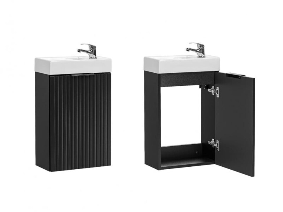 image 1 of Bathroom Vanity Unit 400mm Ribbed Black Modern Wall Floating Cloakroom Cabinet with Sink Basin - Adel